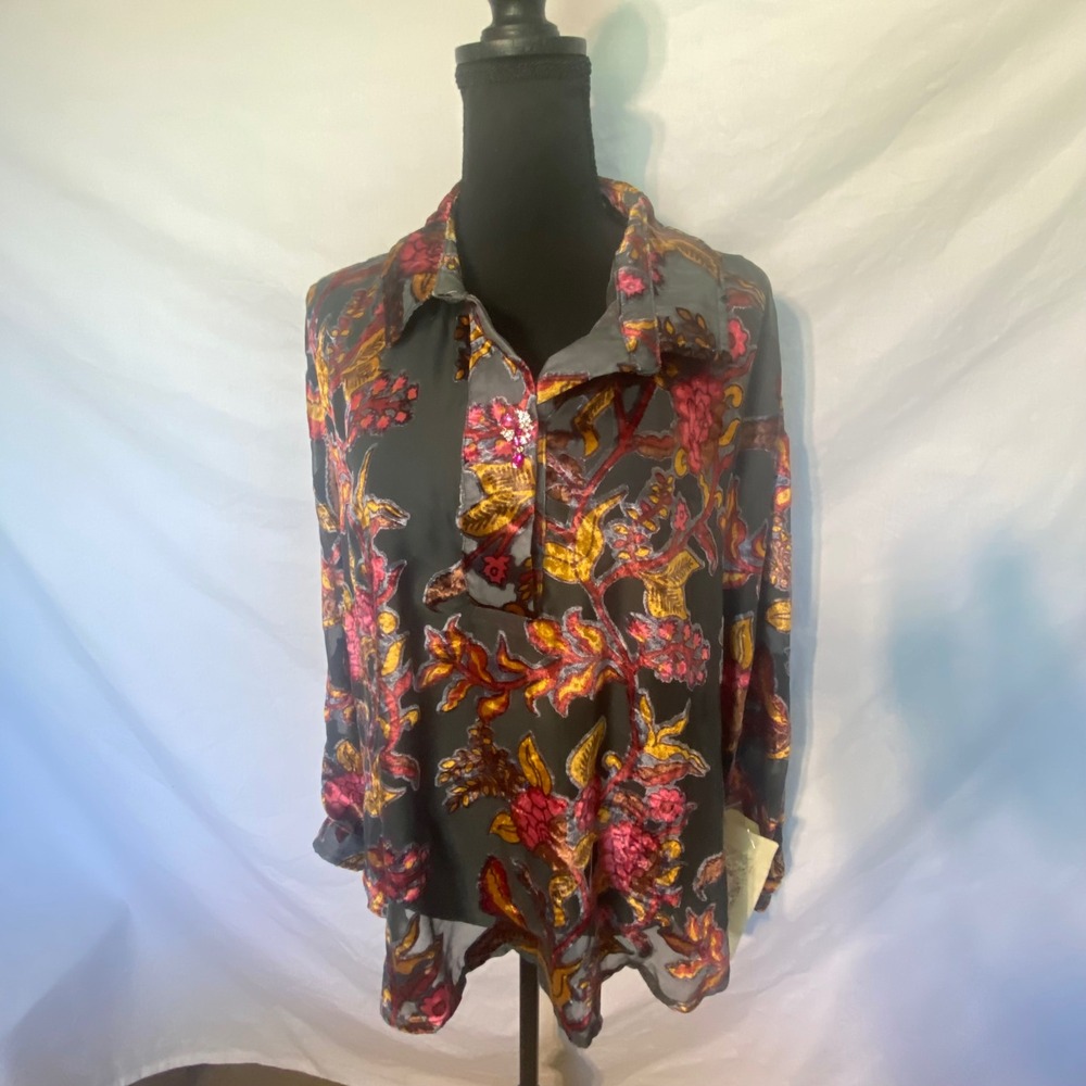 Aratta Silentโ Journey Womens XL Burnout Velvet Floral Blouse Grey Pink ED24J37D